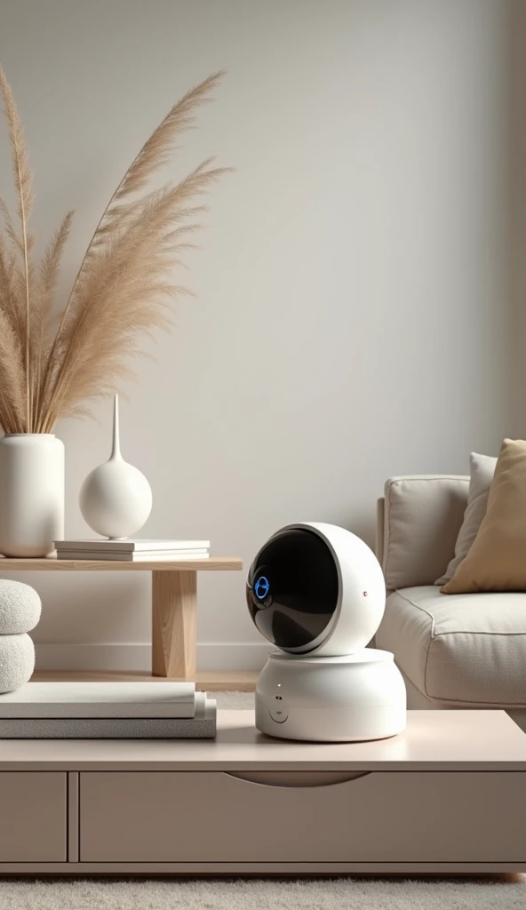 A modern Furbo dog camera placed on a stylish bookshelf or table in a clean, minimalistic living room. The camera is prominently displayed, and the room has a sleek, contemporary design."