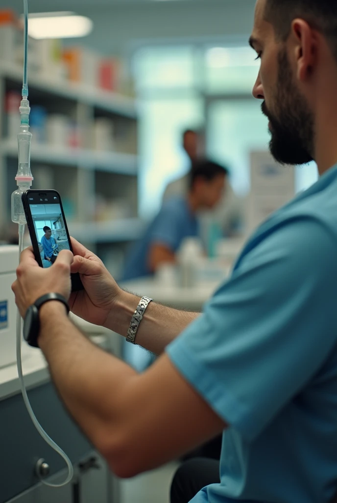 Man with IV in his arm in a pharmacy sitting without showing his face , but the image has to look like it was taken with a cell phone from the shoulder