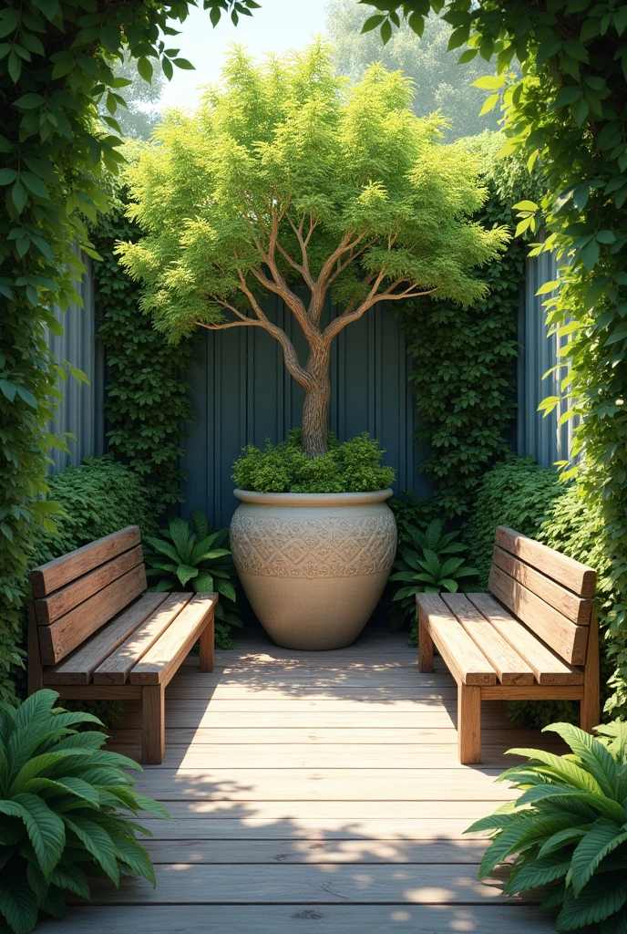 Bench interspersed with seating area and vase with tree