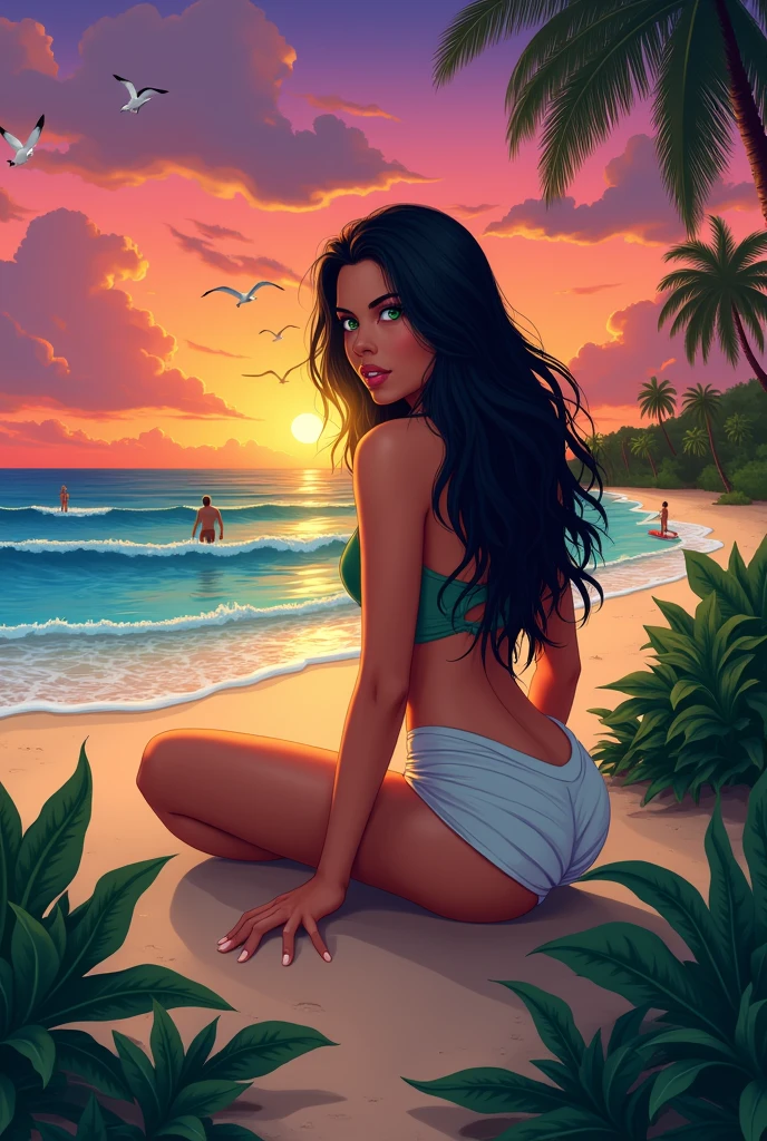 A vertical illustration of a black-haired woman, long. With green and seductive eyes sitting on a Caribbean beach with lots of vegetation at sunset. The woman is centered in the image, sitting on the sand with the sunset behind her, their hair swaying gently in the breeze. The background shows a vibrant sky that shifts from deep orange to purple hues., with surfers in the water and seagulls in the sky but the focus remains on the woman in the foreground, capturing her serene expression and natural beauty.