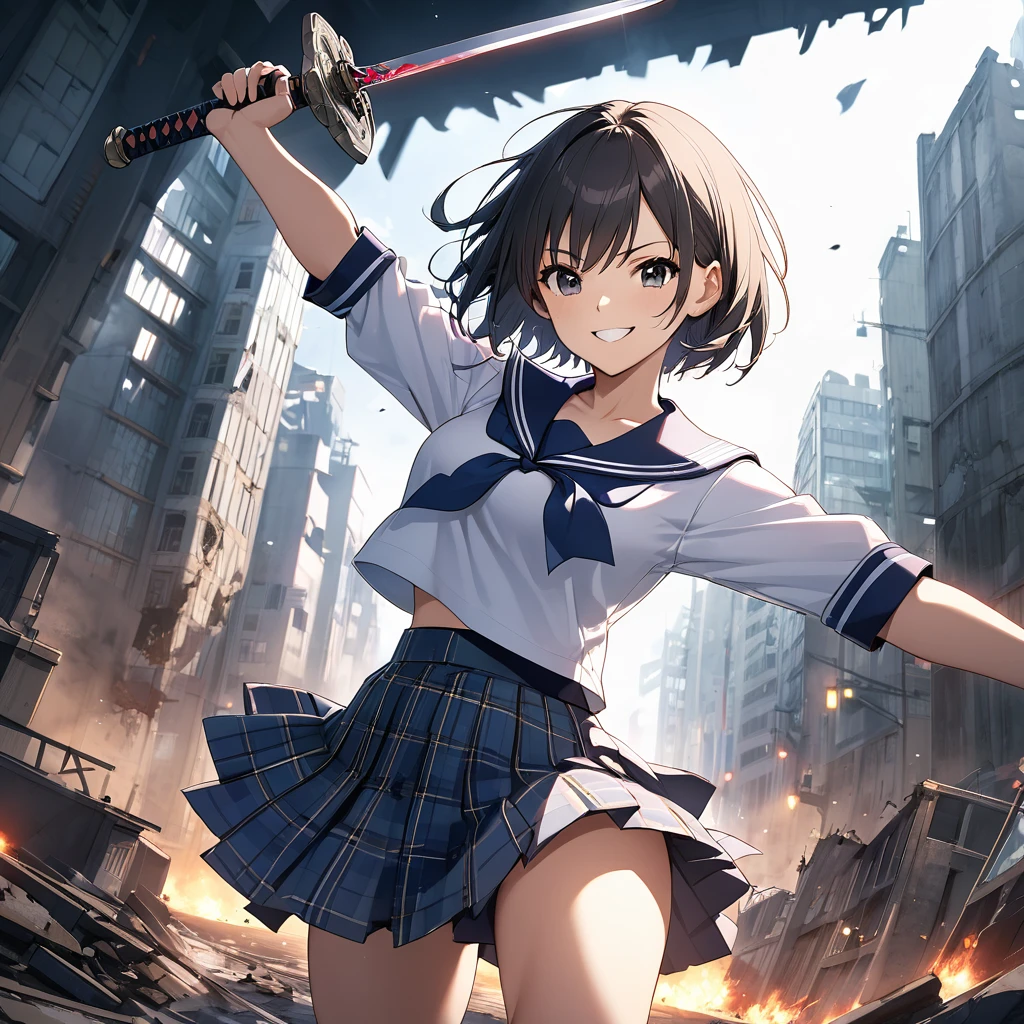 masutepiece, High quality, Cinematic lighting, Front Camera Angle, Ruined metropolis, High school girl holding Japan sword handle in right hand, Beautiful Girl, Unbeatable smile, Good Style, Short hair, cleavage , Short sailor suit, Tartan mini skirt, Dynamic Pose.