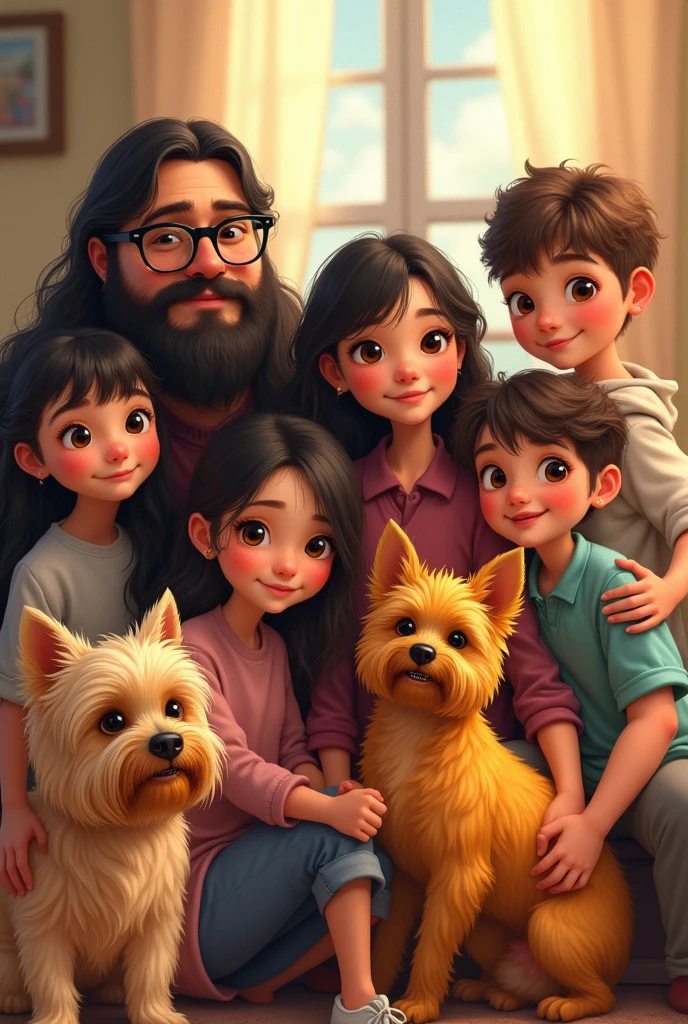 A chubby man with a dark beard, long hair and black glasses with a chubby woman with braces and glasses with shoulder-length hair, a chubby girl with long hair and a mole near her mouth ,A thin girl with hair below her shoulders, one with hair above the shoulder and with bangs, a small dog with curly hair of the Yorkshire breed and another dog of the Yorkshire breed in yellow color.