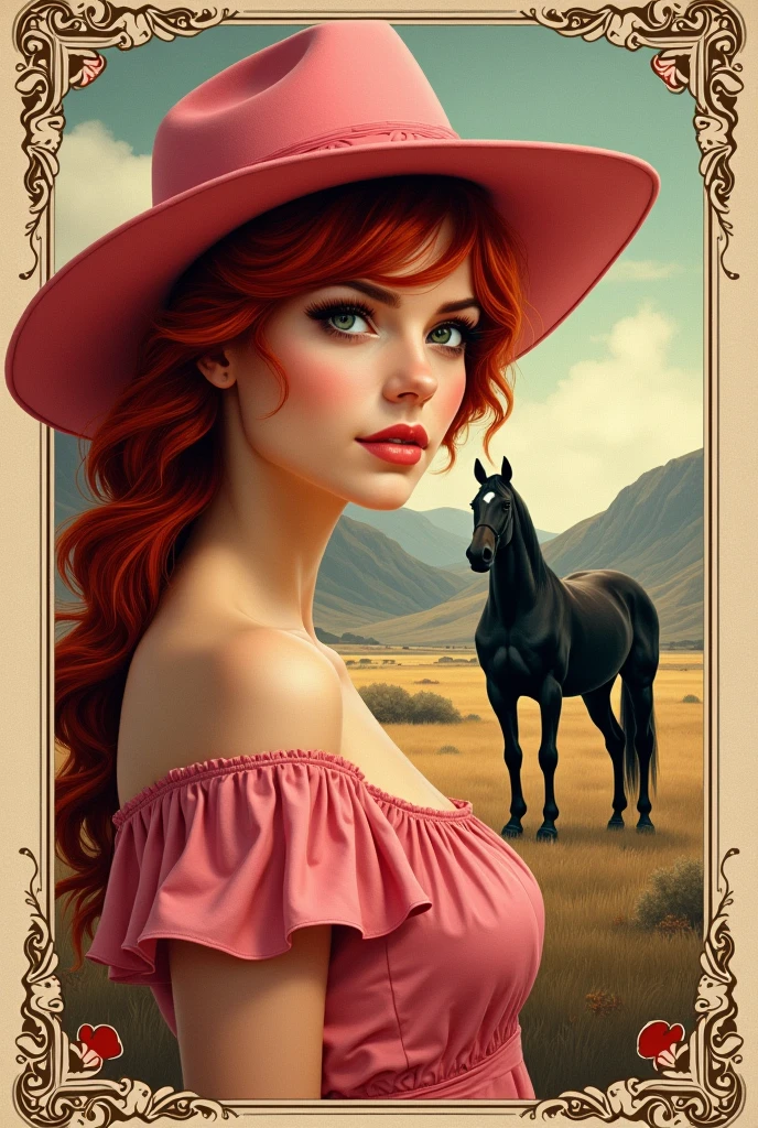 vintage western themed playing card featuring a redheaded woman in a pink hat and a black horse
