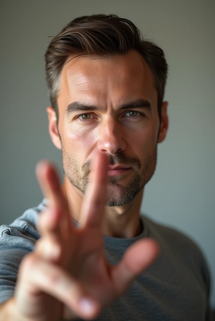 Make a realistic photo of a man making the number 3 with his fingers
