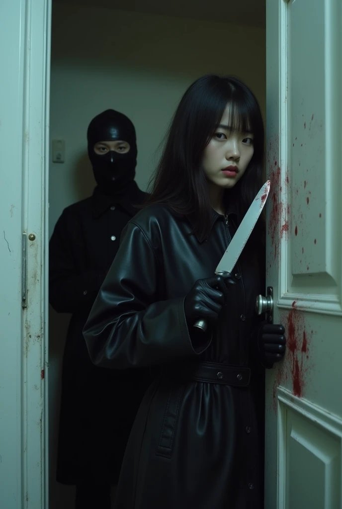 2 korean girls, (holding knife, leather balaclava mask), stabbing, black leather gloves, entrance of the house, black raincoat, girl only, bloody knife, leather gloves, looking at viewer, white room, blood splatter, night, mass murderer, killer, blood splatter, bloody room