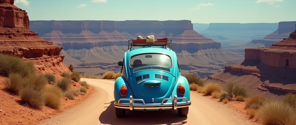 Rear of a 1973 blue Beetle,
With California license plate,
Traveling through the Grand Canyon in the USA,
with written logo "vacation" at the top of the image In wide view.
