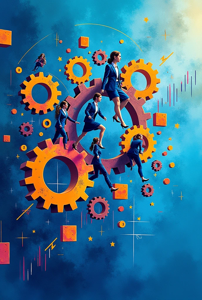 Create three-dimensional gears, circles, and squares, currency, graph lines, and many business woman Wear a dark blue suit images. Using watercolor and mixed media Use bright colors The light source is in the upper right corner,background blue. --ar 2:3