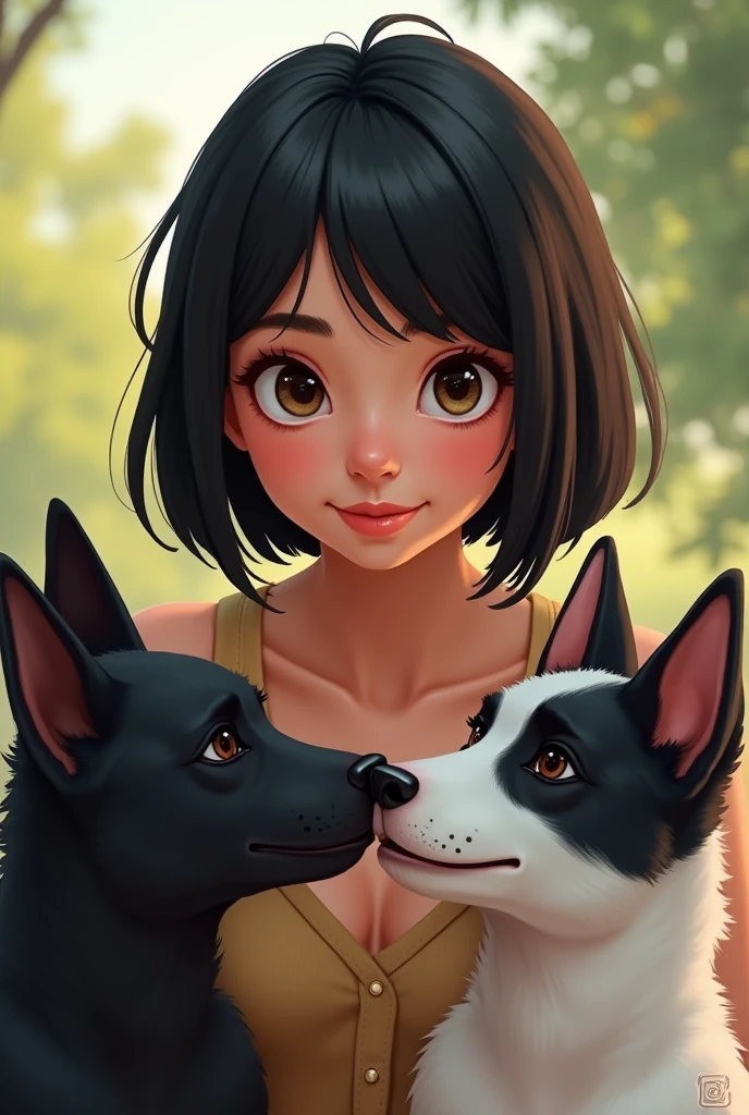 Young American woman short straight black hair with 2 dogs, an English bull terrier with a curved head between the nose and the triangular forehead, white with one black ear and a totally black calupoh wolfdog