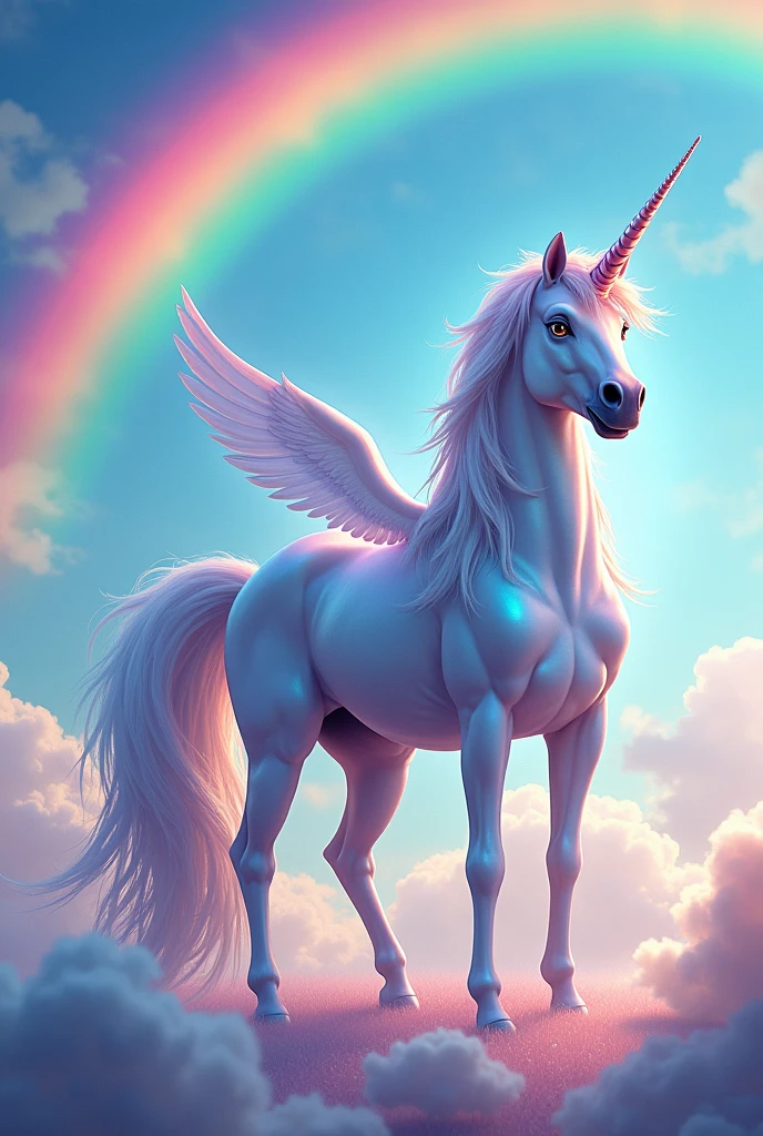 Beautiful unicorn with a rainbow in the sky and wings