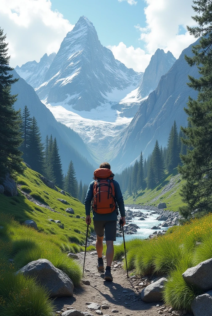 (photorealism:1.2), (8) A young man walking on a mountain in Switzerland
