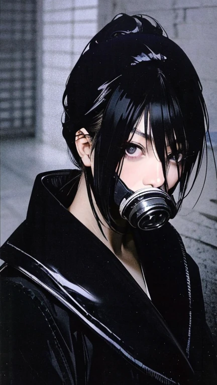 Black Hair、Cold look:1.5、Japanese woman in her 30s、Dark Background、One Cool Lady:1.5、Sharp Eye、night、whole photo、villain、bad expression、Woman wearing a gas mask、Dark Eyes、Black gloves、