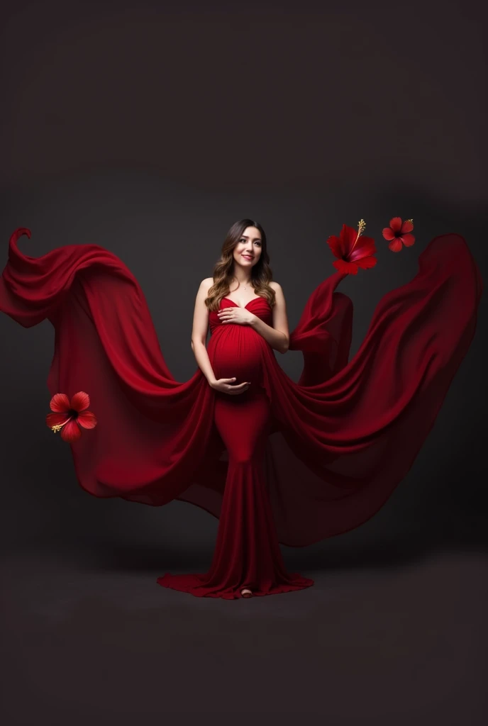 pregnant woman in red dress posing with flowing fabric in studio, digital art by Bernardino Mei, shutterstock contest winner, digital art, flowing gown, maternal photography 4 k, flowing fabric, draped with red hybiscus, grayscale photo with red dress, red clothes, girl wears a red dress, award winning studio photo, full body photoshoot, draped in flowing fabric