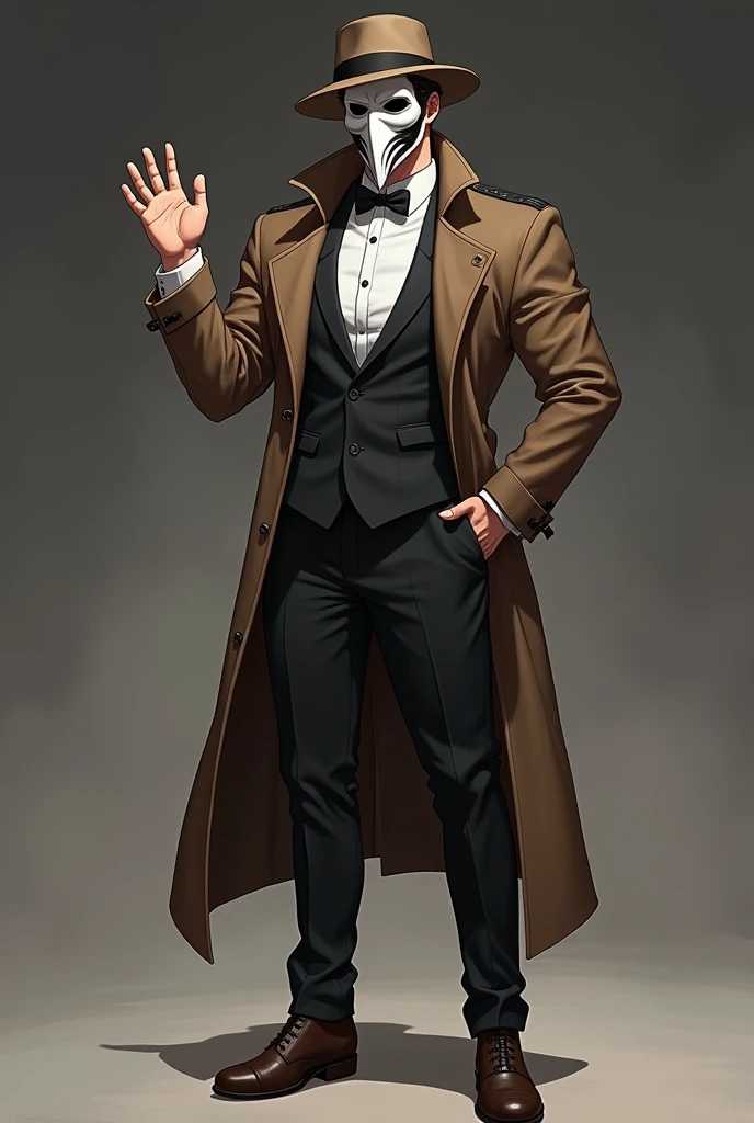 anime man in tuxedo, a brown trench coat that reaches to the knees with black details, rustic boots, a cloth fedora hat and a plague doctor mask, the mask is white and looks intimidating, that he is a little muscular but not overly so, waving with one hand in a friendly manner