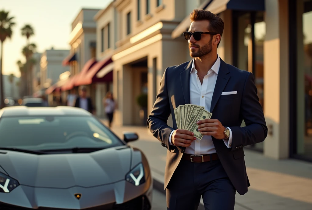 Man on Rodeo Drive: A stylish man in a perfectly tailored suit strolls down Rodeo Drive in Beverly Hills, surrounded by luxury boutiques. He holds a stack of hundred-dollar bills, with a Lamborghini Aventador parked beside him.