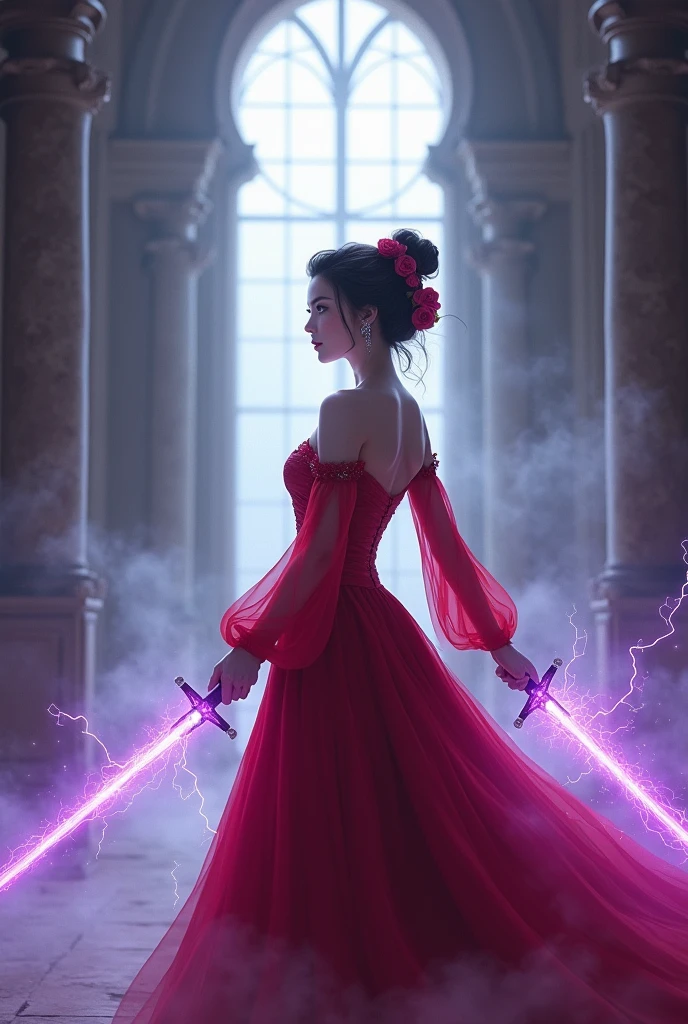 A Pretty Girl Age 17 Wear a  Beautiful Red Gown With long sleeves,Bun Roses Hair Hairstyle With a hairpin in her hair ,Black gradient Red Hair, Carrying two Swords Covered in purple lightning ,Standing At the castle hall,Illuminated by the moonlight The light came in through the large window in the center of the castle., Surrounded by Fog Facing right with a beautiful sword pose