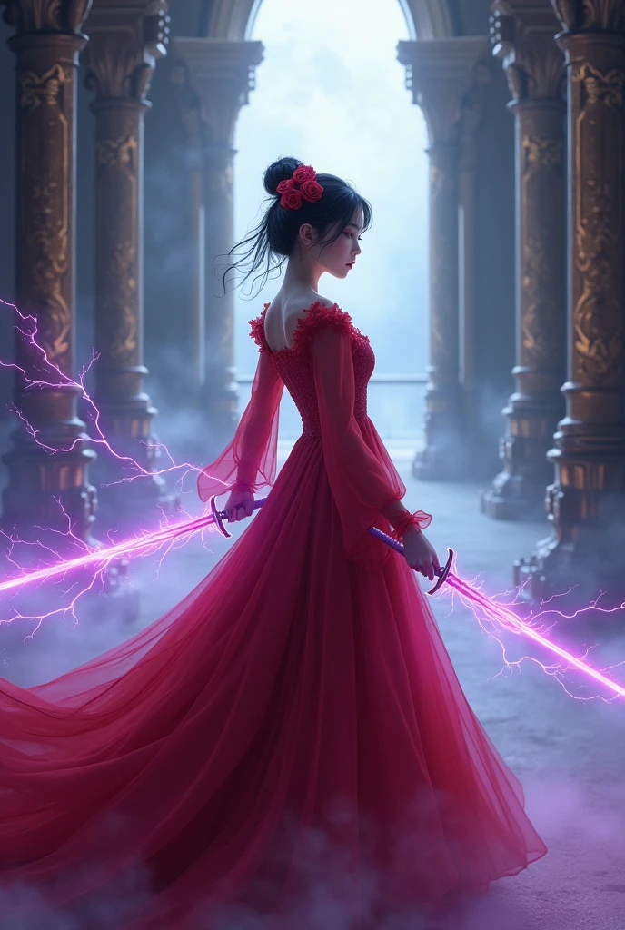 A Pretty Girl Age 17 Wear a Beautiful Red Gown With long sleeves,Bun Roses Hair Hairstyle With a hairpin in her hair ,Black gradient Red Hair, Carrying two Swords Covered in purple lightning ,Standing At the castle hall,Illuminated by the moonlight The light came in through the large window in the center of the castle., Surrounded by Fog Facing right with a beautiful sword pose