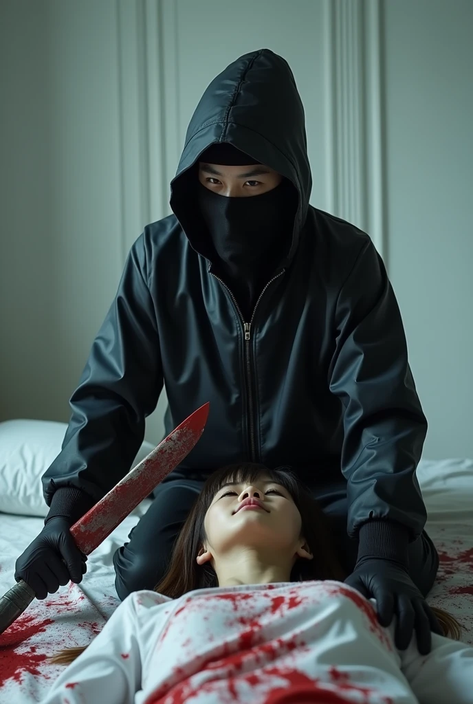 korean girl, (behind stiff, holding knife), stabbing, black balaclava mask, black gloves, white room, black raincoat, black wet suit, trucker hat, bloody knife, black gloves, woman on top, behind cadaver, blood splatter, on the bed, girl only, looking at viewer, mass murderer, killer, blood splatter, atmospheric realistic, light from the window,
