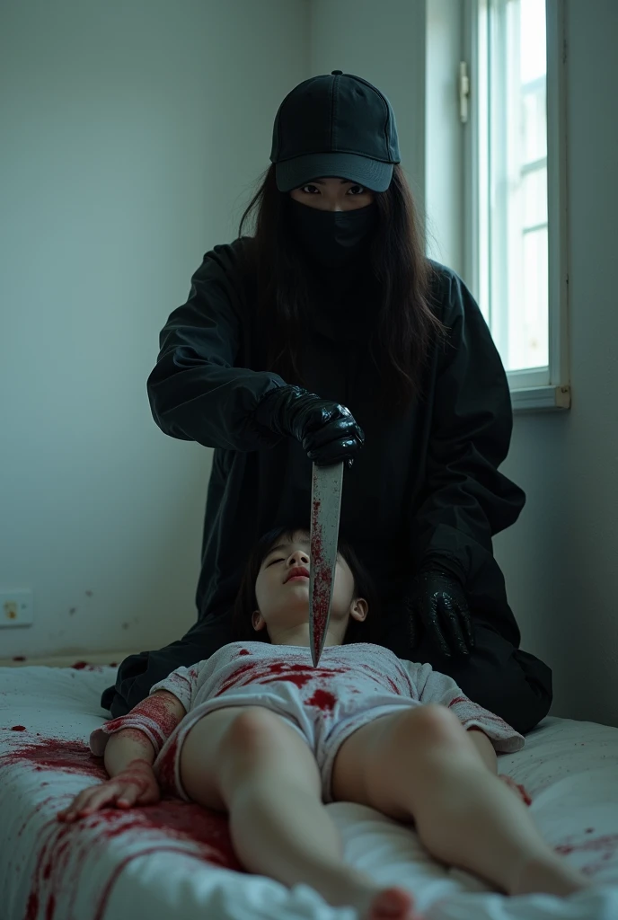 korean girl, (behind stiff, holding knife), stabbing, black balaclava mask, black gloves, white room, black raincoat, black wet suit, trucker hat, bloody knife, black gloves, woman on top, behind cadaver, blood splatter, on the bed, girl only, looking at viewer, mass murderer, killer, blood splatter, atmospheric realistic, light from the window,