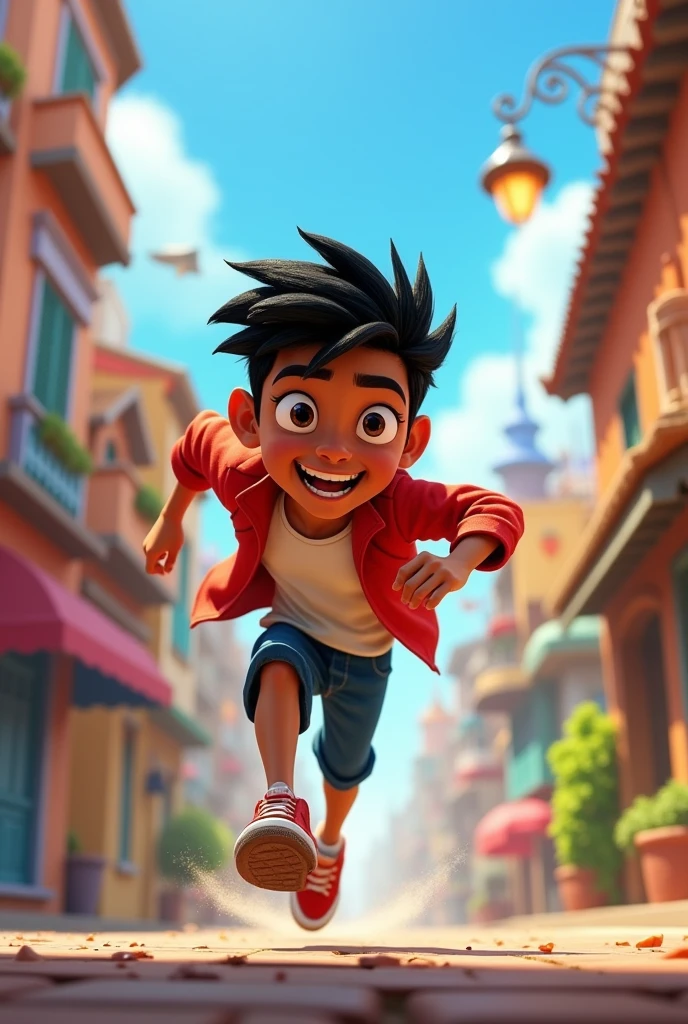 Disney pixar cartoon,jung, age 25, Bblack hair, dark-skinned, Scrawny, Cao Cao, sign near the right eye, beautiful smile, eyes narrower, sprinting ,Titulo (the adventures of a liar)