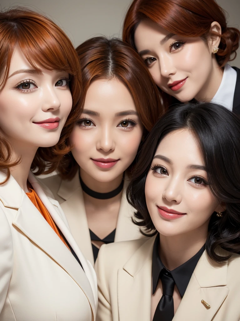 three sexy women in office lady outfits, looking at camera, cute smiles, happy opened mouths, goth eye makeup, close up faces portrait, short curly orange hair, view from below