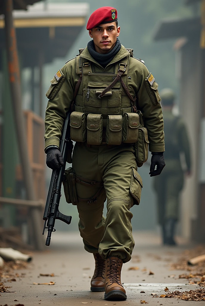 Create a detailed image of a Brazilian Army paratrooper soldier. The soldier must be wearing a red beret and a Brazilian camouflage uniform. , with brown boots. He must be positioned in a dynamic pose, with a phrase written in the background " 36th Paratrooper Army Police Platoon"