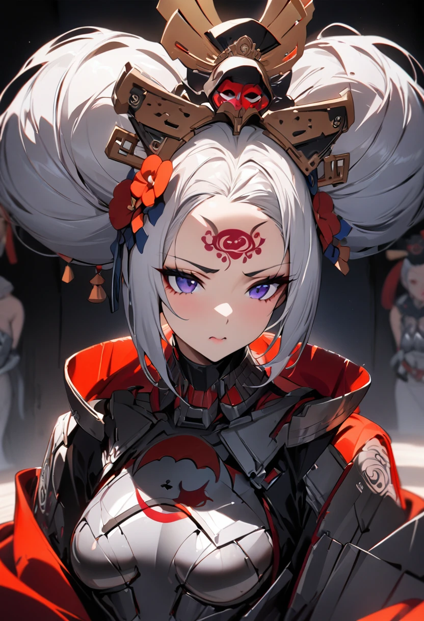 Ink painting, (((1 girl))), (((Tattoo in the middle of the forehead))),(((In the background is the Akatsuki moon))), (((Oiran))), (((Great hair accessories))), Demon possession, ((Masterpiece:1.2)), ((Highest quality)), (((Upper body covered))), close up, 1 woman ,the human, Silver hair, Upper body cyber armor, helmet , Neon Ritual Science Fiction Peter Elson Jean Giraud Dramatic Lighting (Masterpiece, Best quality), 
