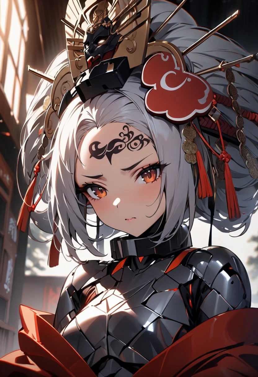 Ink painting, (((1 girl))), (((Tattoo in the middle of the forehead))),(((In the background is the Akatsuki moon))), (((Oiran))), (((Great hair accessories))), Demon possession, ((Masterpiece:1.2)), ((Highest quality)), (((Upper body covered))), close up, 1 woman ,the human, Silver hair, Upper body cyber armor, helmet , Neon Ritual Science Fiction Peter Elson Jean Giraud Dramatic Lighting (Masterpiece, Best quality), 
