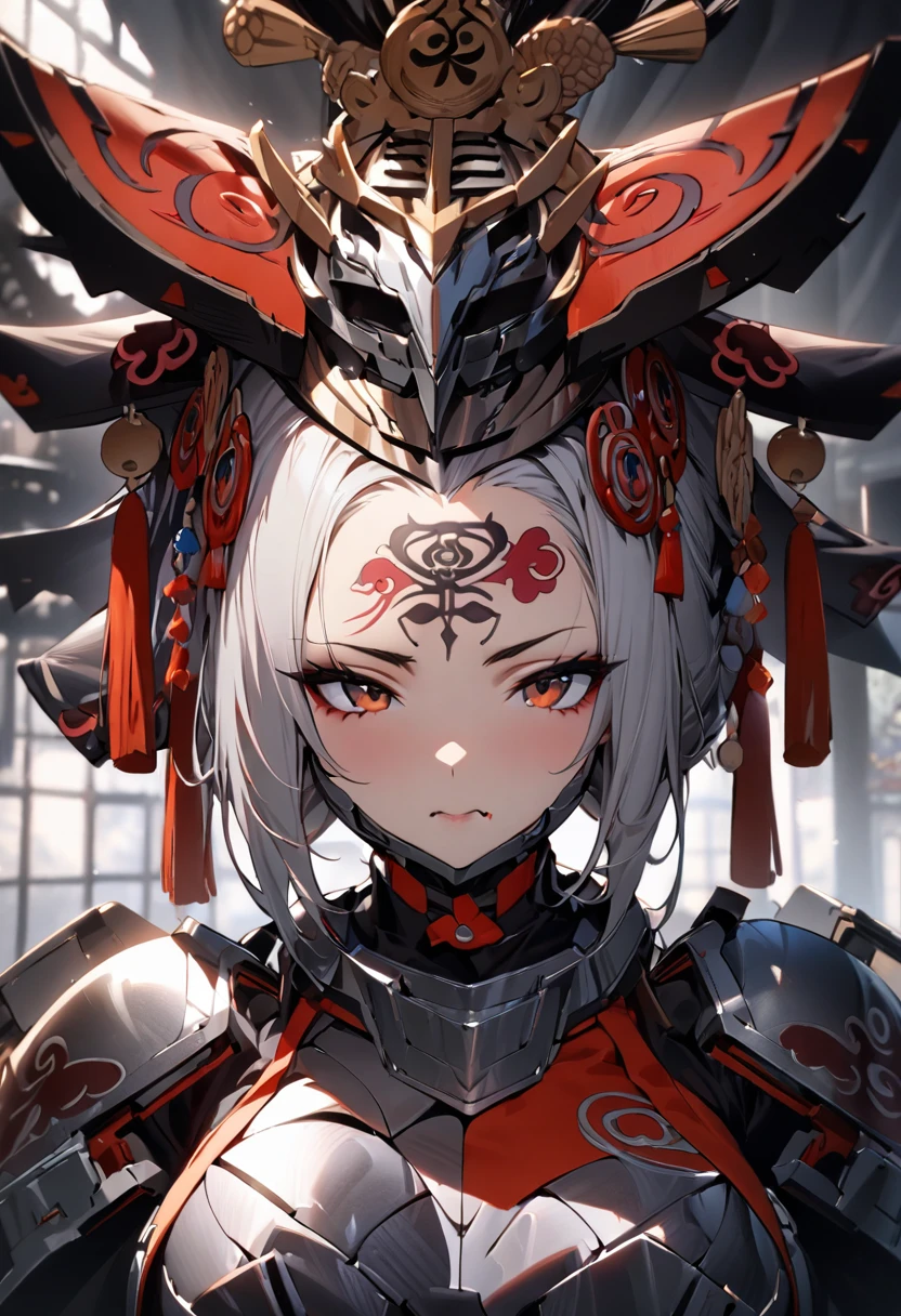 Ink painting, (((1 girl))), (((Tattoo in the middle of the forehead))),(((In the background is the Akatsuki moon))), (((Oiran))), (((Great hair accessories))), Demon possession, ((Masterpiece:1.2)), ((Highest quality)), (((Upper body covered))), close up, 1 woman ,the human, Silver hair, Upper body cyber armor, helmet , Neon Ritual Science Fiction Peter Elson Jean Giraud Dramatic Lighting (Masterpiece, Best quality),