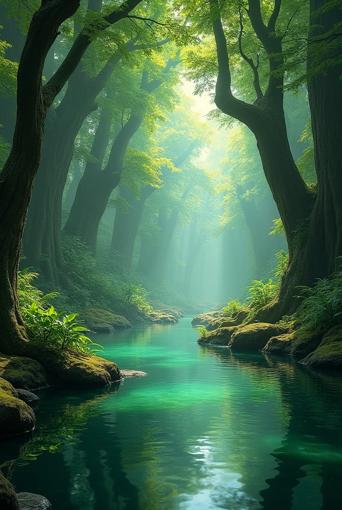 Deep green forest with water
