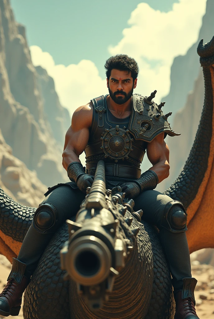Prabhas sitting on dragon holding gun