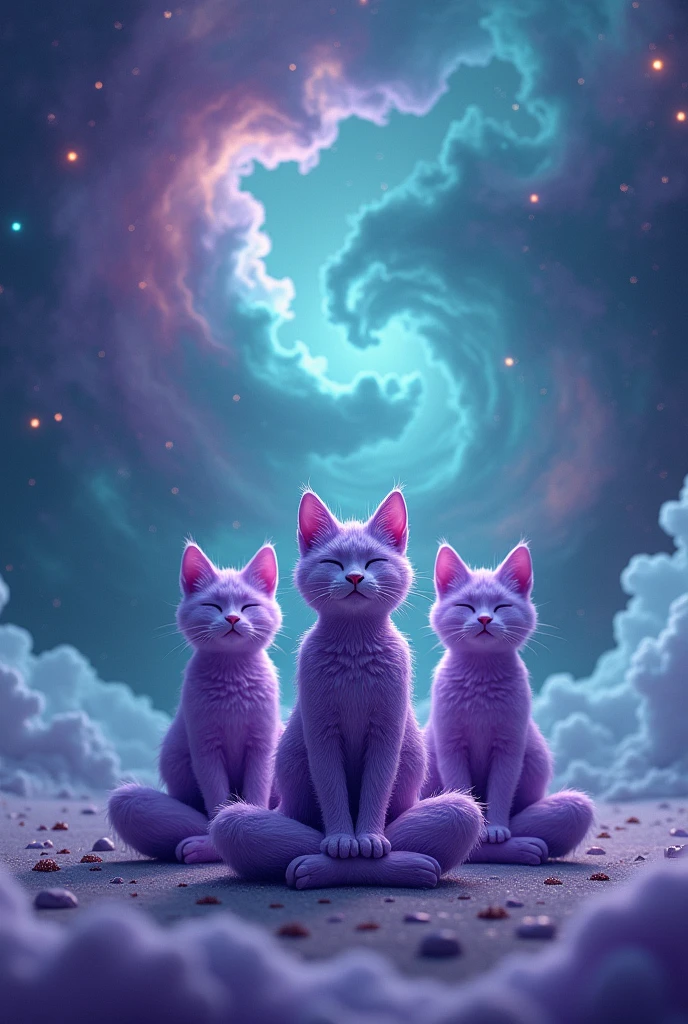 Create three cute cats, hiper realisitic, realisitic, They are meditating, they are purple, Are they happy, and the background is the turquoise and purple galaxy