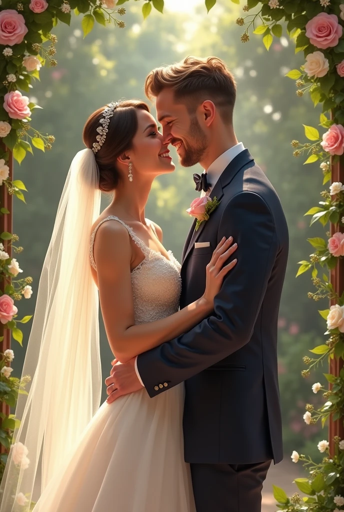Create 2 very happy brides and grooms at their wedding and that on the top bottom of the bride has the initial F and on the groom's part the initial R but that they are a man and a woman