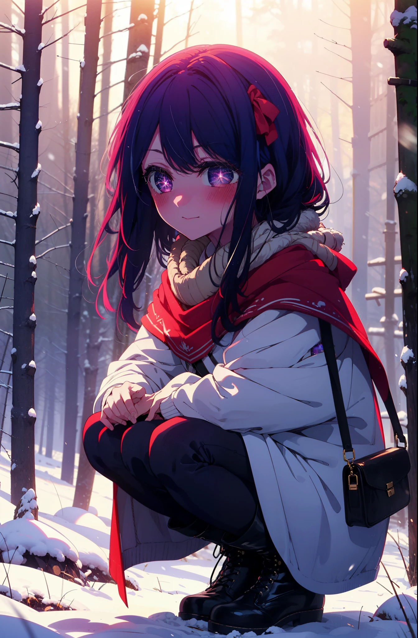 aihoshino, Ai Hoshino, Long Hair, bangs, (Purple eyes:1.1), Purple Hair, (Symbol-shaped pupil:1.5), smile,,smile,blush,white breath,
Open your mouth,snow,Ground bonfire, Outdoor, boots, snowing, From the side, wood, suitcase, Cape, Blurred, , forest, White handbag, nature, Squat, Mouth closed, Cape, winter, Written boundary depth, Black shoes, red Cape break looking at viewer, Upper Body, whole body, break Outdoor, forest, nature, break (masterpiece:1.2), Highest quality, High resolution, unity 8k wallpaper, (shape:0.8), (Beautiful and beautiful eyes:1.6), Highly detailed face, Perfect lighting, Highly detailed CG, (Perfect hands, Perfect Anatomy),