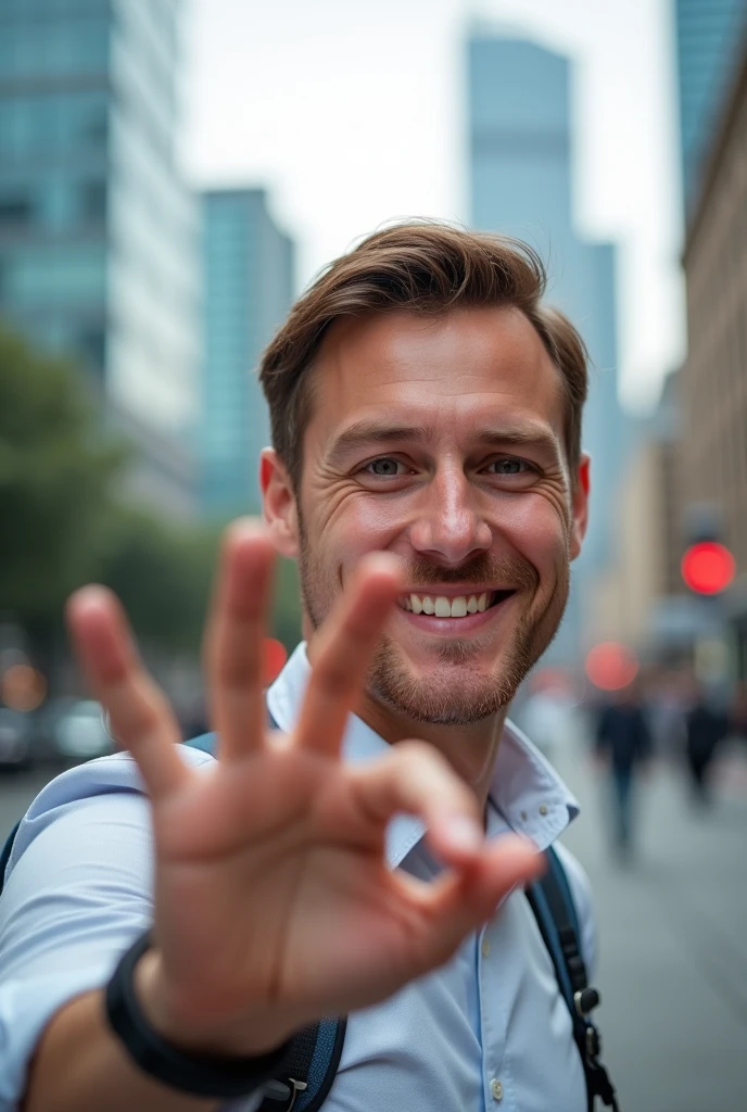 Make a realistic photo of a man taking a selfie making the number 3 with his fingers
