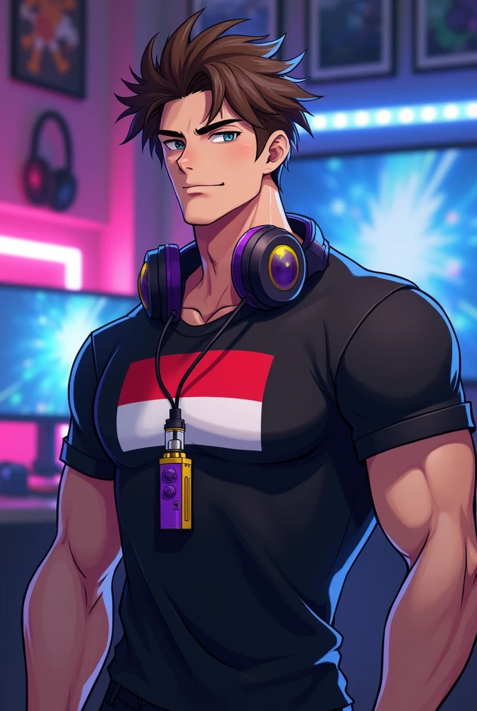 Anime cool buff gamer boy and brown hair smoking purple and yellow vape and a headphones on his neck wearing a cool black shirt with an indonesian flag in a gaming room