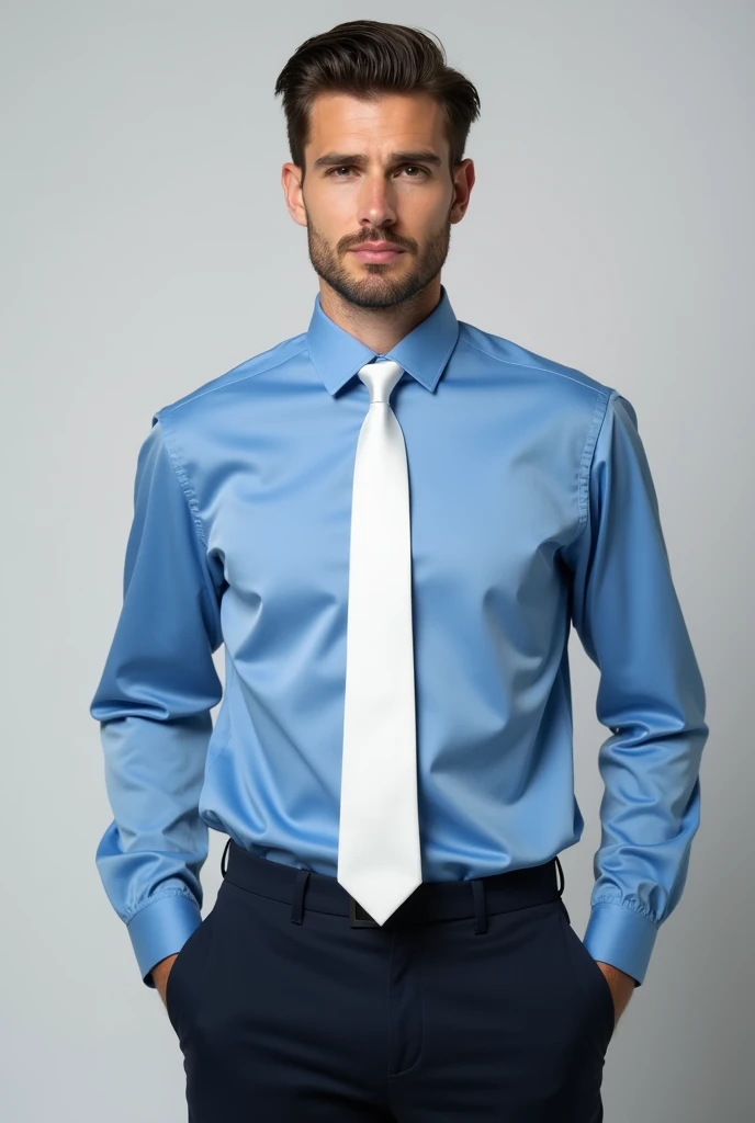 Picture a man wearing a blue shirt and a white tie. The shirt could be a classic, solid blue with a smooth texture, and the tie should be crisp and bright white, adding a sharp contrast. The man might have his hair neatly styled, and you could choose a neutral background to keep the focus on the attire