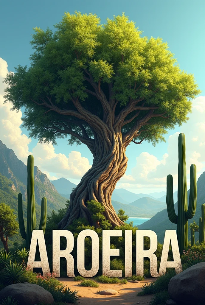 the image of a Mastic Tree (typical plant of the northeast) No fundo, with a landscape that brings elements of the northeastern hinterland such as cacti, mandacarus, and the word AROEIRA highlighted in the middle in capital letters. It could be one more image as it is for a 3rd year class