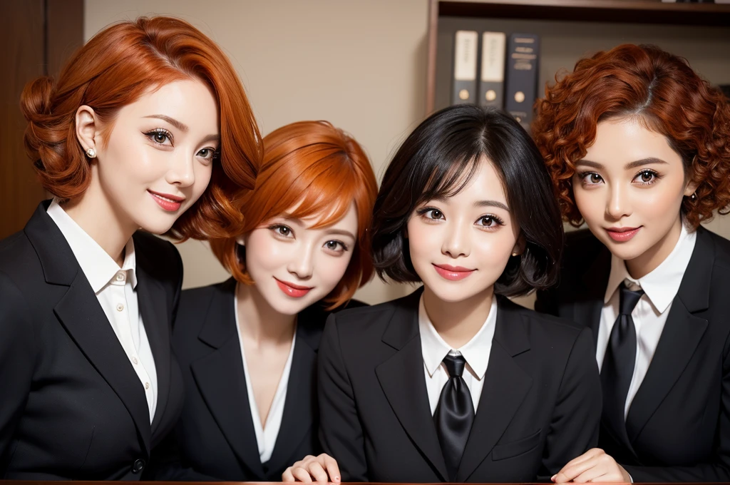 three sexy women in office lady outfits, looking at camera, cute smiles, happy opened mouths, goth eye makeup, close up faces portrait, short curly orange hair, view from below