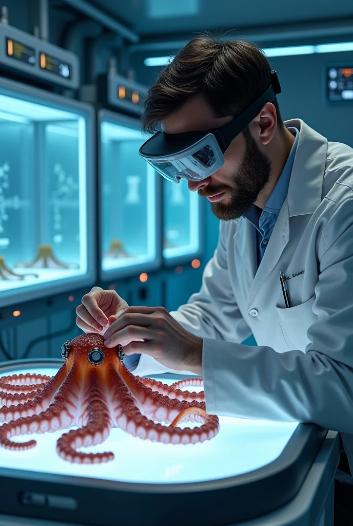 "Create a detailed scene of a high-tech aquaculture facility where a male engineer with beard is working on implanting sensors into the brains of octopuses. The engineer, wearing a sleek, modern lab coat and augmented reality glasses, is carefully attaching small, advanced neural devices to an octopus lying on a specialized operating table. The octopus is in a clear, water-filled containment unit, with soft, glowing lights illuminating its translucent skin. In the background, large tanks filled with other octopuses and advanced monitoring equipment line the walls. The atmosphere is a blend of futuristic technology and marine biology, with screens displaying complex data and neural maps. The overall feeling is one of innovation and scientific exploration."