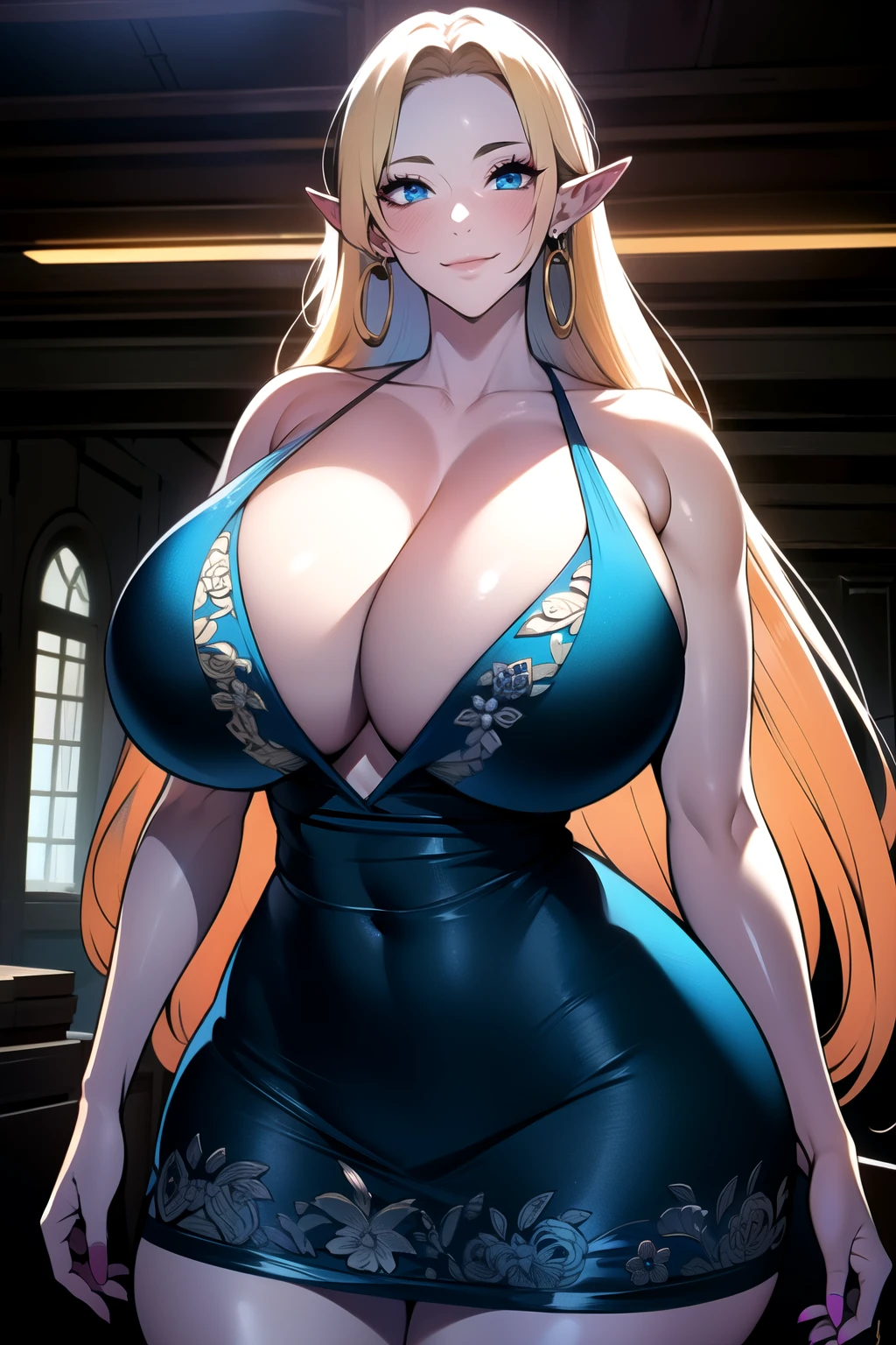 ultra realistic 8k cg, masterpiece, ((ultra detailed background, intricate detail, highly detailed, fine details best quality, hyperdetailed face)), gigantic ,beautiful lighting, absurdres, BoaHancockV2, 1girl, solo, blond hair, long hair, jewelry, closed mouth, ), cleavagress, bare shoulders, curvy, midriff, curvy, thighs, shiny clothes), blue eyes, complex detailed background, indoor, palace), ((cowboy shot)), curvy, (gigantic breasts: 1.4), ve smile, cowboy shot,, earrings, jewelry, elf ears