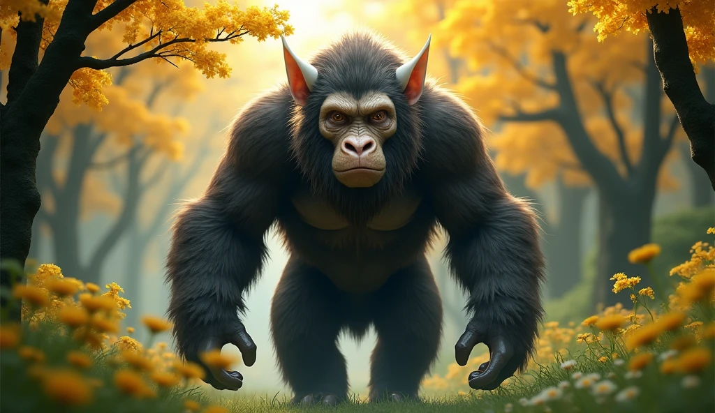 Front view，There is a wild beast in the osmanthus forest，Looks like an ape but has white ears，Standing and walking（best quality，4K，8k，High level，masterpiece：1.2），Ultra Detailed，（lifelike，Photo real，Photo real：1.37）