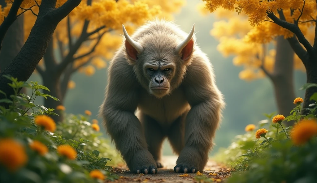 Front view，There is a wild beast in the osmanthus forest，Looks like an ape but has white ears，Standing and walking（best quality，4K，8k，High level，masterpiece：1.2），Ultra Detailed，（lifelike，Photo real，Photo real：1.37）