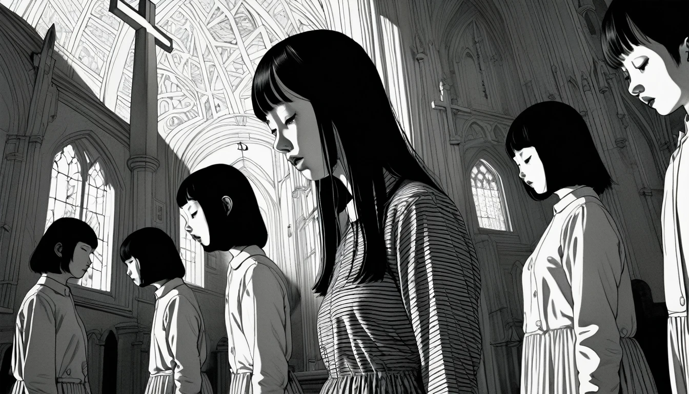 An illustration、art、Supervised by Junji Ito、Overaction、Overreaction、Pretending to be scared、Attention to detail, Realistic shadows、Analog Style, chromatic aberration, Surrealism、church、prayer