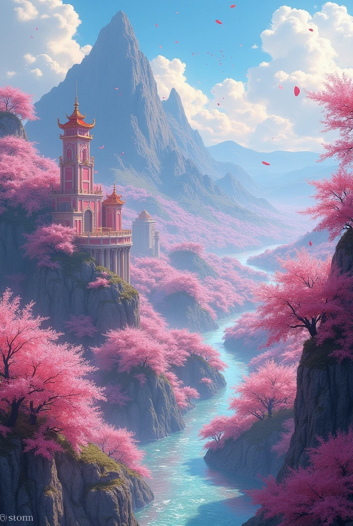 A vast and magical kingdom of the Sakurianas set in 2000 B.C. in China. The kingdom is located within a sprawling forest of Sakura trees, with petals constantly falling, creating an enchanting atmosphere. The trees are vibrant, with blossoms in various shades of pink. The architecture includes shimmering, translucent palaces elevated on platforms that overlook fields of Sakura. The structures are adorned with pink hues, reflecting the soft color of the Sakura flowers. Floating pathways made of glass connect different parts of the kingdom, allowing the Sakurianas to walk among the trees and over rivers filled with floating Sakura petals. The kingdom is protected by barriers formed from indestructible and poisonous Sakura petals that shimmer with a mystical glow. High observation towers covered with Sakura flowers serve as watchtowers, with vigilant Sakurianas ready to command the petals for defense. The landscape also features floating gardens full of different flowers and herbs, suspended above the kingdom, fed by the magical energy of the Sakurianas. Rivers of glowing Sakura petals flow through the kingdom, creating a serene and otherworldly ambiance. In the distance, majestic mountains frame the kingdom, adding to its natural beauty and sense of isolation from the outside world.