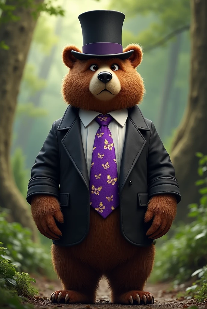 A bear wearing a purple butterfly tie and a tophat
 