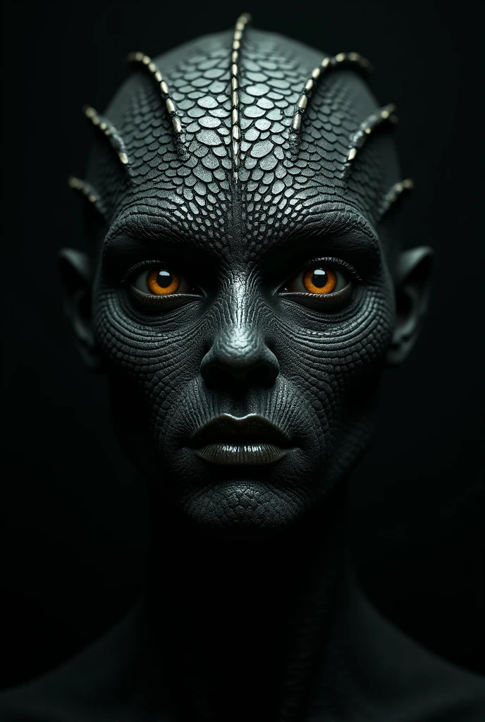Human face with black scales
