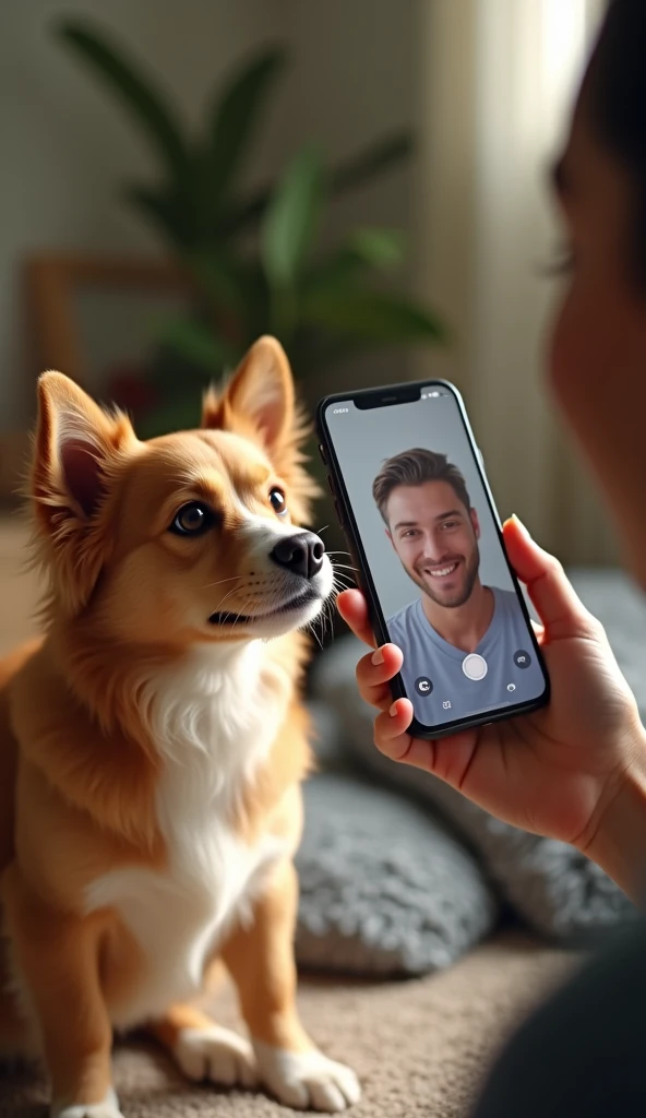 A pet owner talking to their dog or cat through the Furbo camera's two-way audio feature. The pet looks towards the camera, and the owner is smiling on their smartphone screen."