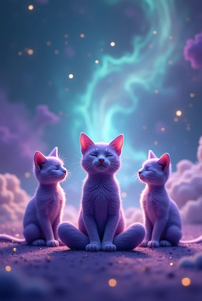 Create three cute cats, hiper realisitic, realisitic, They are meditating, they are purple, Are they happy, and the background is the turquoise and purple galaxy