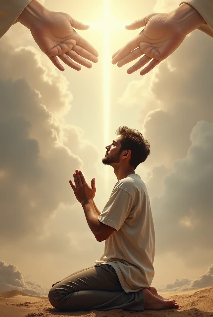 (photorealism:1.2), (8) A young man praying and God's hands from heaven