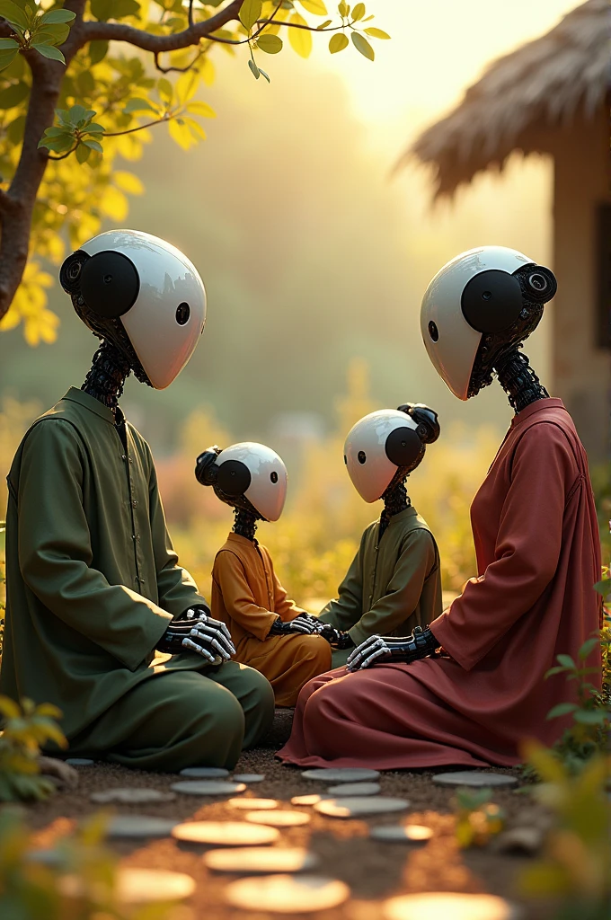 Village style joint family which actual look like the robots sunlight in background and small plants all are wearing cloths degnified ,all are sitting together